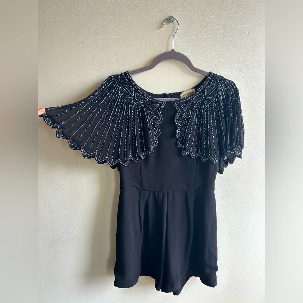 Lace & Beads Black Romper with Beaded Cape Overlay – Size S